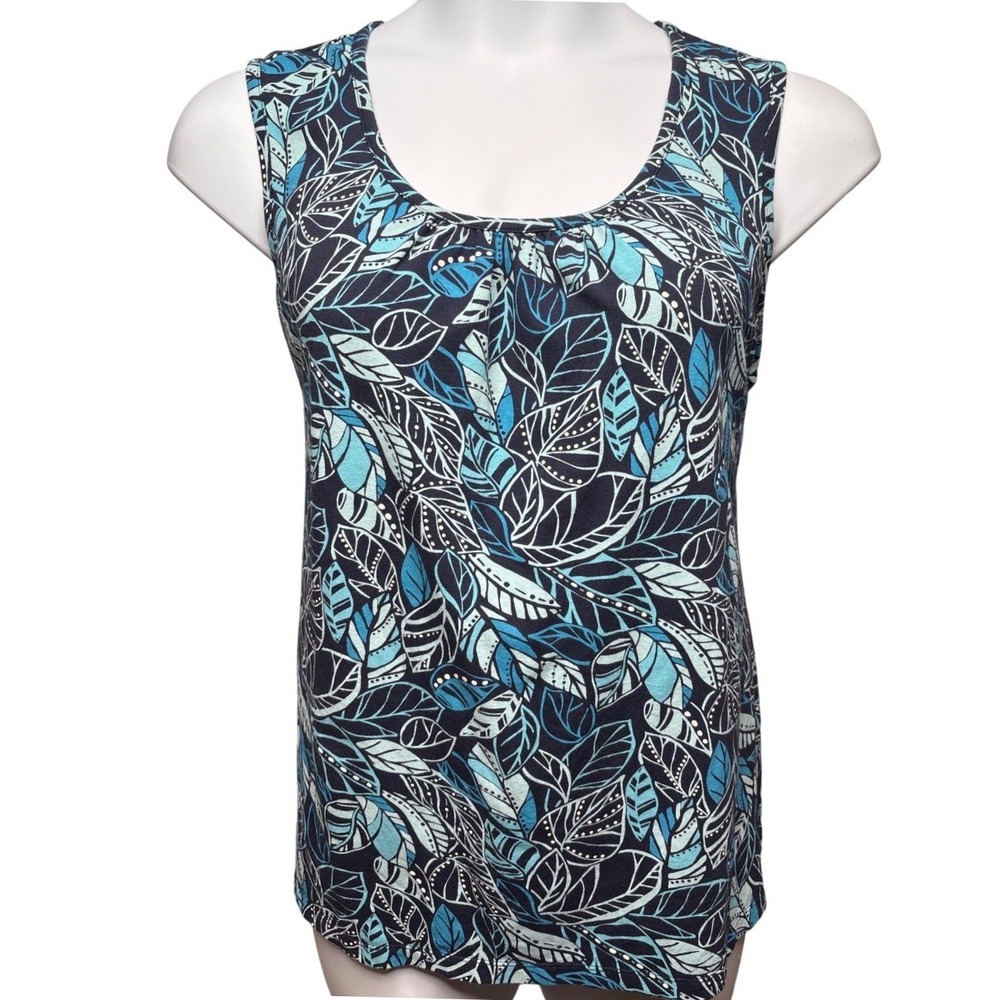 CROFT & BARROW Navy‎ Blue Tropical Leaf Print Tank Top 1X Stretch Casual Coastal